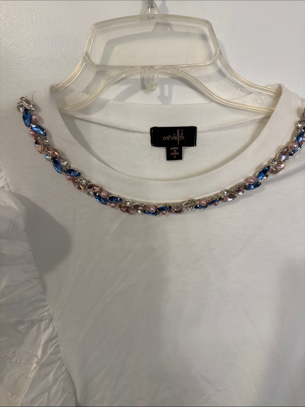 White Short Sleeve Ruffle Tee with Jeweled Neckline - Picture 2 of 7